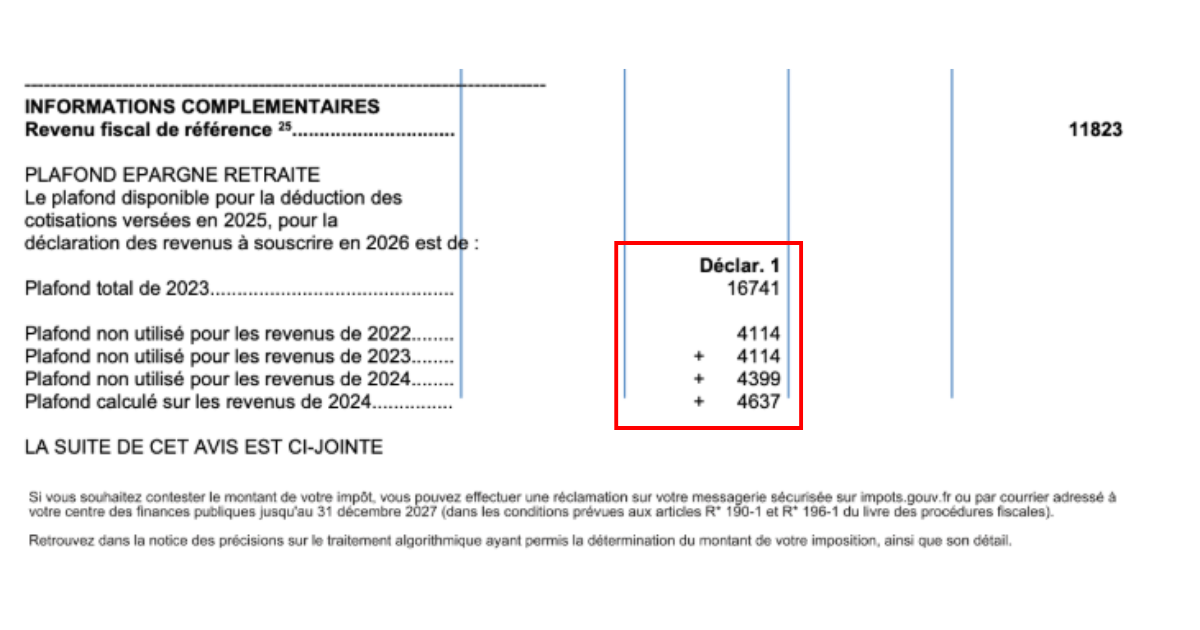 Avis d'imposition montrant le plafond PER pour l'optimisation fiscale